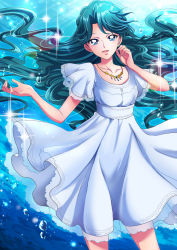 Rule 34 | 1girl, absurdres, aqua hair, bad id, bad pixiv id, blue dress, blue eyes, braid, bubble, collarbone, commentary, cowboy shot, dress, earrings, go! princess precure, highres, jewelry, kaidou minami, lens flare, long hair, necklace, open mouth, precure, see-through, sharumon, short sleeves, smile, solo, sparkle, underwater, very long hair