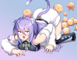 Rule 34 | 1girl, all fours, animal ears, ass, breasts, cat ears, cat tail, clothing cutout, fangs, highres, hololive, hololive indonesia, large breasts, long hair, moona hoshinova, nail polish, on ass, on head, purple eyes, purple hair, purple nails, sawara noa, stray (game), tail, tail through clothes, tears, top-down bottom-up, virtual youtuber, zurk (stray)