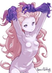 Rule 34 | 1girl, armpits, breasts, colored skin, final fantasy, final fantasy vi, highres, long hair, looking at viewer, monster girl, navel, nude, pink hair, pink skin, pointy ears, puddinghomhom, purple eyes, simple background, small breasts, solo, tina branford, trance terra branford, white background