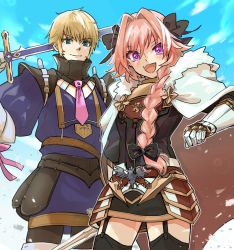 Rule 34 | 2boys, armor, astolfo (fate), belt, black bow, black dress, black gloves, blonde hair, blue eyes, blue sky, blush, bow, braid, braided ponytail, breastplate, cape, dress, elbow gloves, fate/apocrypha, fate (series), faulds, fur-trimmed cape, fur trim, gauntlets, gloves, hair bow, hair intakes, high collar, long hair, long sleeves, looking at viewer, multicolored hair, multiple boys, necktie, open mouth, pink hair, purple eyes, purple shirt, roland (fate), shirt, short hair, sky, smile, streaked hair, sword, tekuteku aruko, thighhighs, thighs, trap, weapon, white cape, white gloves, white hair