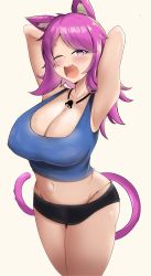 Rule 34 | absurdres, animal ears, armpits, arms behind head, arms up, bare arms, black shorts, borrowed character, breasts, camisole, cat ears, cat tail, cleavage, crop top, curly hair, feet out of frame, half-closed eye, highres, large breasts, legs together, long hair, midriff, navel, one eye closed, open mouth, original, pink hair, purple eyes, scrapy, short eyebrows, shorts, simple background, standing, swept bangs, tail, white background, yawning