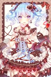 Rule 34 | 1girl, :d, bad id, bad twitter id, bang dream!, blue hair, blush, bow, character name, chocolate, food, fruit, hair ornament, hair ribbon, highres, lolita fashion, long hair, looking at viewer, matsubara kanon, open mouth, purple eyes, ribbon, simple background, smile, solo, strawberry, taya oco, twintails