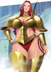 Rule 34 | 1girl, absurdres, arm guards, armor, armored boots, baccarat (one piece), bad id, bad twitter id, blush, boots, breastplate, breasts, cleavage, from below, gluteal fold, gold armor, green eyes, highres, large breasts, long hair, looking at viewer, looking down, one piece, one piece film: gold, panties, parted bangs, pauldrons, red hair, red panties, shoulder armor, smile, solo, thighs, underwear, yoshio (55level)
