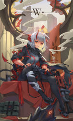 Rule 34 | 1girl, arknights, assault rifle, black coat, black jacket, bomb, c4, coat, detonator, explosive, gloves, gun, highres, horns, jacket, looking at viewer, mk 18 carbine, open clothes, open jacket, red eyes, rifle, rifle cartridge, silver hair, sima naoteng, sitting, smoke, solo, w (arknights), weapon
