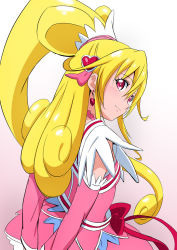 Rule 34 | 1girl, arms behind back, blonde hair, bow, choker, cure heart, detached sleeves, dokidoki! precure, earrings, eyelashes, from behind, fuchi (nightmare), hair between eyes, hair ornament, heart, heart earrings, heart hair ornament, highres, jacket, jewelry, long hair, long sleeves, looking at viewer, looking back, pink choker, pink jacket, pink skirt, pink sleeves, precure, red bow, red eyes, skirt, sleeveless, sleeveless jacket, smile, smug, solo, standing, very long hair, white background