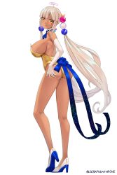 Rule 34 | 1girl, ass, bare back, bare legs, bare shoulders, blonde hair, blue ribbon, blunt bangs, breasts, dark-skinned female, dark skin, elbow gloves, full body, gloves, hair ornament, hand on own ass, high heels, highres, hololive, hololive english, kaniko (tsukumo sana), large breasts, leotard, long hair, looking at viewer, looking back, neck ribbon, planet hair ornament, plant, playboy bunny, ribbon, seraphim throne, sideboob, sidelocks, simple background, solo, strapless, strapless leotard, tsukumo sana, twintails, twitter username, very long hair, virtual youtuber, white background, white footwear, white gloves, yellow eyes, yellow leotard
