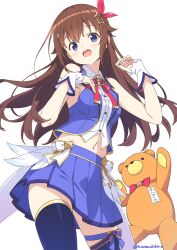 Rule 34 | 1girl, :o, ankimo (tokino sora), blue ribbon, blue skirt, blue thighhighs, blue vest, brown hair, collared shirt, commentary, contrapposto, cropped shirt, cropped vest, diamond hair ornament, floating hair, gold trim, hair between eyes, hair flaps, hair ornament, hair ribbon, hairclip, hand on own chest, hand up, highres, hololive, kanzaki hiro, knees out of frame, lapels, leg ribbon, long hair, looking at viewer, mascot, midriff, miniskirt, navel, neck ribbon, notched lapels, open mouth, pleated skirt, red ribbon, ribbon, shirt, simple background, skirt, sleeveless, sleeveless shirt, solo, star (symbol), star hair ornament, stuffed animal, stuffed toy, symbol-only commentary, teddy bear, teeth, thigh ribbon, thighhighs, tokino sora, tokino sora (1st costume), upper teeth only, vest, virtual youtuber, waist cape, white background, white shirt, wrist cuffs