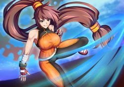 Rule 34 | 1girl, brown hair, dnf duel, dungeon and fighter, fighter (dungeon and fighter), fingerless gloves, gloves, highres, long hair, ponytail, shiny clothes, shiny skin, solo, very long hair, yellow eyes