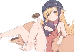 Rule 34 | 1girl, araragi koyomi, bakemonogatari, bandaid, bandaid on pussy, bare shoulders, barefoot, black headwear, blonde hair, character doll, closed mouth, doughnut, dress, feet, feet out of frame, food, gamuo, goggles, goggles on headwear, helmet, holding, holding food, legs, long hair, looking at viewer, monogatari (series), no panties, off-shoulder dress, off shoulder, oshino shinobu, pillow, red dress, simple background, sitting, smile, solo, white background, yellow eyes