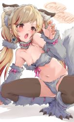 Rule 34 | animal ears, animare, blonde hair, blush, breasts, costume, dog ears, dog girl, dog tail, fingernails, fur-trimmed collar, fur trim, hairpin, highres, looking at viewer, multicolored hair, multiple hairpins, nanashi inc., navel, open mouth, orange eyes, red hair, ribbon, seshima rui, shirana tamana, simple background, small breasts, tagme, tail, twintails, two-tone hair, virtual youtuber, white background