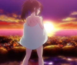 Rule 34 | 10s, 1girl, back, blue eyes, brown hair, cloud, kazama levy, looking at viewer, looking back, naked towel, open mouth, outdoors, ponytail, screencap, seven arcs, sky, standing, stitched, sunset, third-party edit, towel, trinity seven
