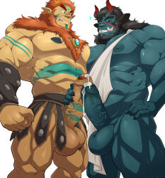 Rule 34 | 2boys, abs, absurdres, alternate body hair, ancient greek clothes, animal ears, bara, beard, black hair, black sclera, body fur, body markings, body modification, chest jewel, colored sclera, colored skin, couple, cow ears, cyborc (retrosharkspike), cyborg, dark-skinned male, dark skin, demon boy, demon horns, eye contact, facial hair, feet out of frame, foreskin, full beard, girthy penis, gradient horns, greco-roman clothes, green skin, highres, horns, interracial, large pectorals, large penis, large testicles, looking at another, maldu (chokeylover), male focus, mature male, monster boy, multicolored horns, multiple boys, muscular, muscular male, nipples, no male underwear, orange fur, orc, original, pectoral docking, pectoral press, pectorals, penis, penis size difference, penises touching, precum, red horns, revealing clothes, scar, scar on face, scar on nose, short hair, skin-covered horns, standing, strongman waist, testicles, thick beard, thick eyebrows, thick thighs, thighs, tusks, uncensored, vitri (retrosharkspike), yaoi