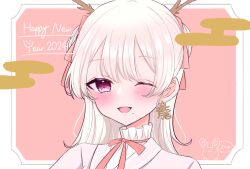 Rule 34 | 1girl, 2024, aiueoai0319, chinese zodiac, double bun, dragon horns, earrings, egasumi, hair bun, hair ribbon, happy new year, highres, horns, jewelry, long hair, looking at viewer, mole, mole under mouth, neck ribbon, new year, one eye closed, open mouth, original, pink eyes, portrait, ribbon, smile, translation request, two side up, white hair, year of the dragon