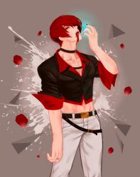 Rule 34 | 1boy, blood, blood in mouth, choker, hair over one eye, head tilt, juu satoshi, looking to the side, male focus, midriff, nail polish, pants, petals, red eyes, red hair, solo, the king of fighters, white pants, wing collar, yagami iori