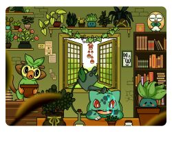 Rule 34 | :&gt;, absurdres, animal focus, artist name, bitsyfoxy, blurry, blurry foreground, blush stickers, bookshelf, brick wall, bright pupils, bug, bulbasaur, butterfly, cactus, claws, closed eyes, commentary, crack, cracked wall, creatures (company), english commentary, flower, flower pot, game freak, gen 1 pokemon, gen 7 pokemon, gen 8 pokemon, grookey, highres, holding, holding flower pot, insect, nintendo, no humans, nostrils, oddish, open mouth, pink flower, plant, poke ball, pokemon, pokemon (creature), polaroid, potted plant, red eyes, rowlet, shelf, smile, vial, vines, watering, watering can, white pupils