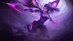 Rule 34 | 1girl, absurdres, artist name, bodysuit, breasts, cleavage, clenched hand, collarbone, detached wings, highres, kai&#039;sa, league of legends, long hair, long sleeves, looking at viewer, lu ka, magic, medium breasts, outstretched arms, purple bodysuit, purple hair, shiny skin, solo, wings
