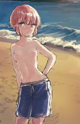 Rule 34 | 1girl, arms behind back, bad id, bad pixiv id, beach, blue male swimwear, blue swim trunks, blush, brown eyes, brown hair, closed mouth, crossdressing, day, drawstring, embarrassed, exhibitionism, flat chest, kantai collection, karin bluez3, male swimwear, male swimwear challenge, nipples, nose blush, ocean, outdoors, public indecency, reverse trap, solo, sweat, swim trunks, swimsuit, topless, water, z3 max schultz (kancolle)