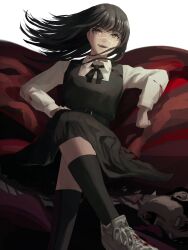 Rule 34 | 1boy, 1girl, absurdres, ao desu2222, black hair, black ribbon, black socks, blank eyes, blood, blood on clothes, chainsaw man, collared shirt, cross, cross scar, crossed legs, dress, floating hair, highres, long hair, looking at viewer, open mouth, pinafore dress, ribbon, ringed eyes, scar, scar on face, severed head, shirt, short hair, simple background, sleeveless dress, smile, socks, solo focus, tanaka (chainsaw man), white background, yellow eyes, yoru (chainsaw man)