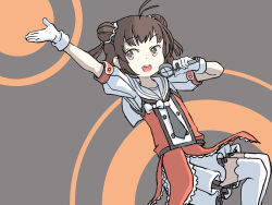 Rule 34 | 1girl, antenna hair, black neckerchief, brown eyes, brown hair, buttons, commentary, cowboy shot, double-breasted, double bun, english commentary, gloves, grey background, hair bun, idol, kantai collection, microphone, music, naka (kancolle), naka kai ni (kancolle), neckerchief, one-hour drawing challenge, pleated skirt, puffy short sleeves, puffy sleeves, sailor collar, school uniform, serafuku, short hair, short ponytail, short sleeves, singing, sixten, skirt, solo, thighhighs, two-tone background, white gloves, white sailor collar, white skirt