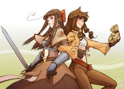Rule 34 | 2girls, ake-tan, animal ears, bow, bow bra, bra, brown capelet, brown dress, brown eyes, brown gloves, brown hair, brown jacket, brown pants, capelet, chest guard, commentary request, dress, feet out of frame, fingerless gloves, floral print, gauntlets, gloves, hair bow, half updo, holding, holding sword, holding weapon, jacket, locked arms, long hair, long sleeves, looking at viewer, looking to the side, moneybag, multiple girls, pants, ragnarok online, red bow, rose print, russian commentary, shrug (clothing), sidelocks, signature, smile, sword, swordsman (ragnarok online), thief (ragnarok online), underwear, v, weapon, white bra