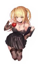 Rule 34 | 1girl, absurdres, amane misa, apple, black dress, blonde hair, breasts, brown eyes, cherrypunchs, choker, cleavage, cross, cross necklace, crucifix, death note, death note (object), detached sleeves, dress, food, fruit, garter straps, gothic lolita, hair between eyes, highres, jewelry, lolita fashion, medium breasts, medium hair, necklace, pantyhose, short twintails, solo, spaghetti strap, thighhighs, twintails, upper body, white background