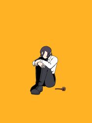 Rule 34 | 1girl, black footwear, black necktie, black pants, chainsaw man, collared shirt, faceless, facing viewer, hair between eyes, highres, hugging own legs, necktie, nya tt0, pants, reze (chainsaw man), shirt, shirt tucked in, short hair, simple background, solo, white shirt, yellow background