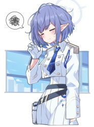 Rule 34 | 1girl, aoi (blue archive), azu ankoowl, blue archive, blue hair, blue halo, blue necktie, blush, closed eyes, closed mouth, commentary, gloves, halo, highres, long sleeves, mole, mole under eye, necktie, pleated skirt, pointy ears, short hair, skirt, solo, spoken squiggle, squiggle, symbol-only commentary, white gloves, white skirt