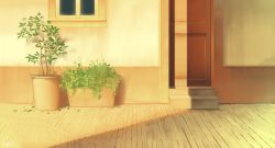 Rule 34 | building, commentary request, door, flower pot, hakuurei amano, highres, no humans, original, outdoors, plant, scenery, shadow, sunset, watermark, window, wooden door, wooden floor