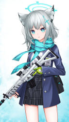 Rule 34 | 1girl, absurdres, animal ears, assault rifle, bag, blazer, blue archive, blue eyes, blue scarf, commentary request, gloves, green gloves, grey hair, gun, hair between eyes, halo, highres, holding, holding gun, holding weapon, jacket, larg (shgv2552), long sleeves, looking at viewer, mismatched pupils, necktie, parted lips, plaid, plaid skirt, pleated skirt, rifle, scarf, school bag, school uniform, shiroko (blue archive), short hair, sidelocks, sig sauer 556, simple background, skirt, solo, weapon, white background, wolf ears, wolf girl