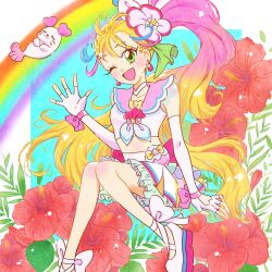 Rule 34 | 1girl, blonde hair, blush, bow, choker, commentary request, cure summer, earrings, fingerless gloves, flower, gloves, green eyes, hair flower, hair ornament, hoppetoonaka3, jewelry, kururun (precure), long hair, looking at viewer, magical girl, midriff, multicolored hair, natsuumi manatsu, open mouth, pink hair, precure, rainbow, side ponytail, skirt, smile, tropical-rouge! precure, white gloves