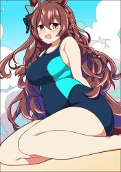 Rule 34 | 1girl, ahoge, animal ears, blush, braid, breasts, brown eyes, brown hair, cloud, commentary request, competition swimsuit, hair ornament, highres, horse ears, horse girl, horse tail, looking at viewer, medium breasts, mejiro bright (umamusume), one-piece swimsuit, open mouth, side braids, sitting, sky, solo, swimsuit, tail, umamusume, wahiko (black bastard)