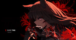 Rule 34 | 1girl, absurdres, animal ears, black background, black hair, blood, character name, collar, dog tags, fangs, fingerless gloves, flower, gloves, highres, inoue takina, kemonomimi mode, long hair, lycoris recoil, mouth hold, pink eyes, scar, simple background, solo, spider lily, wolf ears, yufeng kaete