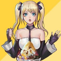 Rule 34 | 1girl, bare shoulders, black ribbon, blonde hair, blue eyes, breasts, covered navel, cup, dead or alive, dead or alive 5, dead or alive 6, detached sleeves, food, hair ornament, hair ribbon, ice cream, long hair, marie rose, open mouth, phamoz, ribbon, shaved ice, small breasts, smile, solo, spoon, twintails, x hair ornament