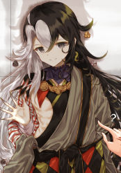Rule 34 | 1boy, ?, ashiya douman (fate), asymmetrical clothes, asymmetrical hair, bell, black eyes, black hair, command spell, commentary request, earrings, eyelashes, fate/grand order, fate (series), fingernails, highres, jewelry, jingle bell, long hair, male focus, multicolored hair, pov, purionpurion, ribbed sleeves, sharp fingernails, solo focus, split-color hair, striped, trap, two-tone hair, very long hair, wall, white background, white hair, aged down