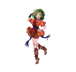 Rule 34 | 1girl, absurdres, blue sash, boots, bracelet, brown footwear, commentary request, dress, fire emblem, fire emblem: thracia 776, fire emblem heroes, full body, green eyes, green hair, highres, jewelry, looking at viewer, mayo (becky2006), medium hair, nintendo, official art, open mouth, red dress, sash, smile, solo, tachi-e, tina (fire emblem)