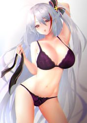 Rule 34 | 1girl, :p, antenna hair, arm behind head, azur lane, bad id, bad pixiv id, bare shoulders, blush, bra, breasts, collarbone, commentary request, contrapposto, cross, hair between eyes, head tilt, highres, holding, holding ribbon, iron cross, large breasts, lingerie, long hair, looking at viewer, mole, mole on breast, multicolored hair, navel, one side up, panties, prinz eugen (azur lane), purple bra, purple panties, red hair, ribbon, silver hair, smile, solo, stomach, streaked hair, thighs, toned, tongue, tongue out, underwear, underwear only, very long hair, yk (pixiv43531291)