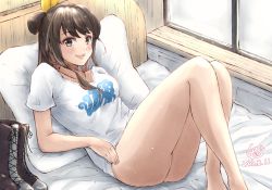 Rule 34 | 1girl, bed, black hair, boots, colored inner hair, commentary request, cross-laced footwear, highres, kantai collection, lace-up boots, ld (luna dial398), long hair, multicolored hair, naganami (kancolle), official alternate costume, pink hair, shirt, sitting, solo, t-shirt, two-tone hair, wavy hair, white shirt, window