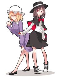 Rule 34 | 2girls, arched back, black footwear, black skirt, blonde hair, book, bow, breasts, brown hair, capelet, creatures (company), dress, fedora, flat chest, full body, game freak, hand on own knee, hat, hat bow, high heels, holding, holding book, leaning forward, legs, looking at viewer, looking to the side, maribel hearn, mob cap, multiple girls, nintendo, open mouth, outline, poke ball, pokemon, purple dress, red bow, red eyes, ribbon-trimmed headwear, ribbon trim, shiroshi (denpa eshidan), shirt, shoes, short hair, simple background, skirt, sneakers, touhou, usami renko, white background, white shirt, yellow eyes