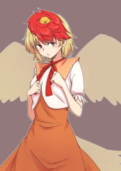 Rule 34 | 1girl, animal, animal on head, bird, bird on head, bird wings, blonde hair, chick, closed mouth, dress, grey background, highres, kakone, looking at viewer, multicolored hair, neckerchief, niwatari kutaka, on head, one-hour drawing challenge, orange dress, red eyes, red hair, red neckerchief, shirt, short hair, short sleeves, simple background, solo, touhou, two-tone hair, white shirt, wings, yellow wings