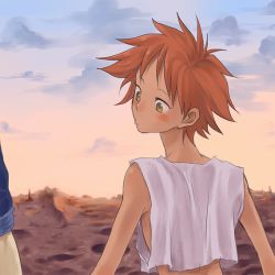 Rule 34 | 1990s (style), 1boy, 1girl, androgynous, back, bare shoulders, blush, cloud, cowboy bebop, crop top, edolove, edward wong hau pepelu tivrusky iv, from behind, holding hands, hetero, looking back, messy hair, no bra, red hair, shirt, short hair, sky, sleeveless, sleeveless shirt, solo focus, spike spiegel, sunset, tan, wasteland, yellow eyes