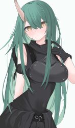 Rule 34 | 1girl, absurdres, arknights, black gloves, black shirt, blush, breasts, closed mouth, commentary, covered navel, gloves, green hair, hair between eyes, hand up, highres, horns, hoshiguma (arknights), large breasts, long hair, looking at viewer, nui (nuinui0300), shirt, sidelocks, simple background, single horn, skin-covered horns, sleeveless, sleeveless shirt, solo, white background, yellow eyes