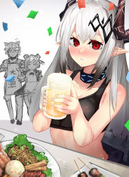 Rule 34 | 1boy, 2girls, alcohol, ao oni (onioni-aoi), arknights, bare shoulders, beer, beer mug, crop top, cup, demon horns, food, gummy (arknights), highres, horns, infection monitor (arknights), jaye (arknights), mudrock (arknights), mug, multiple girls, parted lips, pointy ears, red eyes, silver hair, solo focus