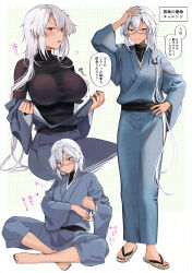 Rule 34 | 1girl, absurdres, adjusting clothes, alternate costume, arm up, barefoot, black nails, blush, breasts, closed mouth, dark-skinned female, dark skin, feet, full body, grey hair, grin, hand on own hip, highres, indian style, japanese clothes, kantai collection, kimono, large breasts, long hair, multiple views, musashi (kancolle), nail polish, obi, open mouth, polka dot, polka dot background, red eyes, sandals, sash, simple background, sitting, smile, solo, speech bubble, toenail polish, toenails, toes, white background, yukata, yunamaro