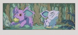 Rule 34 | all fours, blue skin, closed eyes, colored skin, creatures (company), fang, forest, game freak, gen 1 pokemon, highres, horns, looking at viewer, mouth hold, nature, nidoran, nidoran (female), nidoran (male), nintendo, onamuzi illust, outdoors, pokemon, pokemon (creature), purple skin, single horn, tree, whiskers