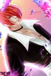 Rule 34 | 1boy, artist name, covering one eye, exposed chest, fatal fury, highres, red hair, yagami iori