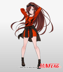 Rule 34 | 1girl, arms up, bare shoulders, black footwear, black jacket, blouse, blue eyes, blush, boots, breasts, brown hair, closed mouth, clothes around waist, clothes writing, collarbone, commentary request, full body, gradient background, grey background, head tilt, high ponytail, jacket, jacket around waist, long hair, long sleeves, no pants, official art, ponytail, red shirt, shirt, small breasts, smile, solo, standing, sunflag, swept bangs, very long hair, watermark, yuko (uc yuk)