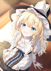 Rule 34 | 1girl, alternate eye color, arm support, artist name, black hat, black skirt, blonde hair, blue eyes, blurry, blurry background, braid, capelet, commentary request, dated, depth of field, from above, grin, hand on own thigh, hat, hat ribbon, highres, kirisame marisa, kisamu (ksmz), long hair, looking at viewer, on floor, puffy short sleeves, puffy sleeves, ribbon, shirt, short sleeves, signature, single braid, sitting, skirt, smile, solo, touhou, very long hair, white capelet, white shirt, witch hat, wrist cuffs