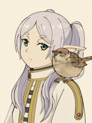Rule 34 | 1girl, a-king, animal, animal on shoulder, bird, bird on shoulder, black shirt, capelet, closed mouth, commentary request, eurasian tree sparrow, flat chest, fluffy, frieren, gold trim, green eyes, grey hair, highres, long hair, parted bangs, pointy ears, shirt, simple background, smile, solo, sousou no frieren, sparrow, striped clothes, striped shirt, twintails, upper body, white capelet, white shirt