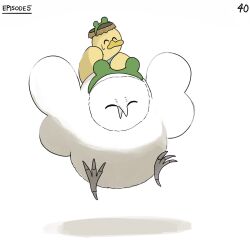 Rule 34 | ^ ^, bird, closed eyes, commentary, diva (hyxpk), duck, duckling, english commentary, flying, frog headband, highres, no humans, numbered, original, owl, page number, riding, riding bird, simple background, white background