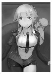 Rule 34 | 1girl, absurdres, cosplay, eimusu (yassun83), greyscale, hair flaps, hair ribbon, highres, kantai collection, lips, long hair, midriff, monochrome, navel, necktie, ponytail, ribbon, shirt, sidelocks, single leg pantyhose, sitting, skirt, smile, solo, south dakota (kancolle), south dakota (kancolle) (cosplay), star (symbol), very long hair, vest, yura (kancolle)